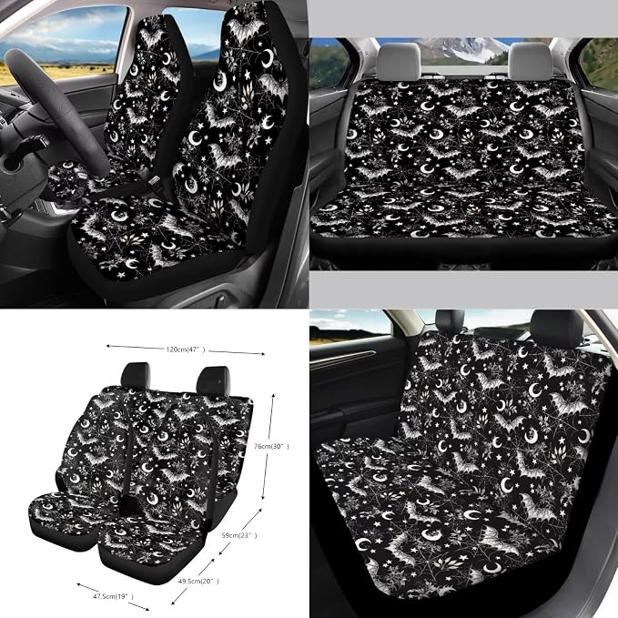 Spider Web Moon Car Seat Covers 15Pcs Full Set Car Steering Wheel Cover Seat Belt Cover Trash Bin Air Vent Storage Box Rear View Mirror Car Cup Holder Keychain Halloween Decor