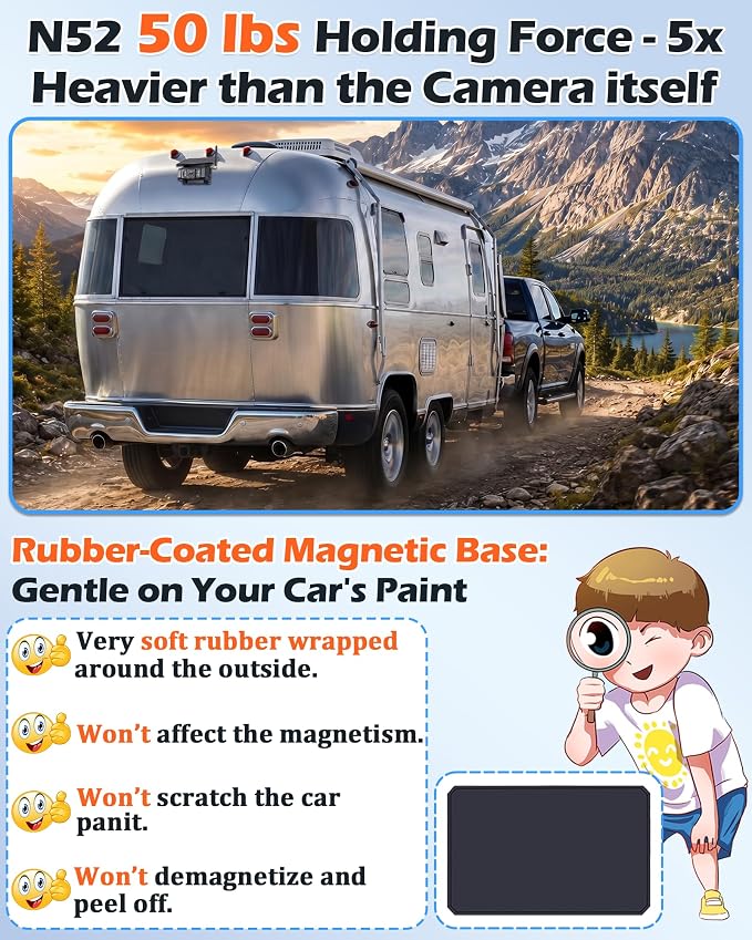 HD 1080P Magnetic Wireless Backup Camera for RV - 1-Min Easy Install for RV Trailer, Stays Secure on Bumpy Driving - 7'' Monitor for Rear View & Parking While Travel