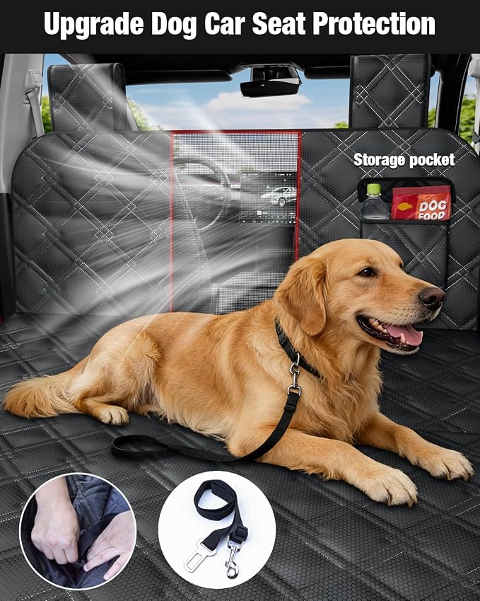 Dog Car Seat Cover for Back Seat Compatible with 2020-2026 Tesla Model Y — Hard Bottom Pet Travel Hammock with Seat Extender, Waterproof Backseat Dog Cover with Door & Headrest Protectors