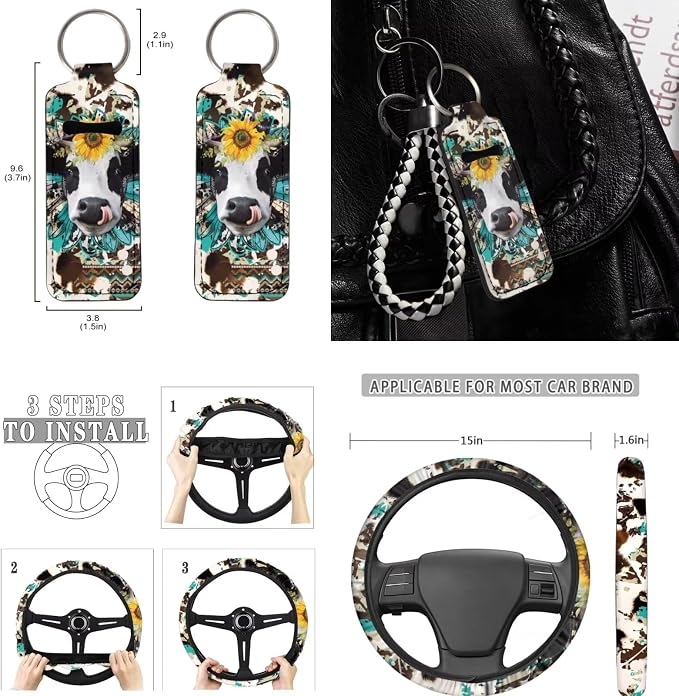 Cow Car Seat Covers Sets11pcs,Sunflower Western Cow Auto Seat Protector Pad+Seatbelt+Steering Wheel Cover+Car Coasters+ Interior Accessory+Cowhide Keychain for Women Men