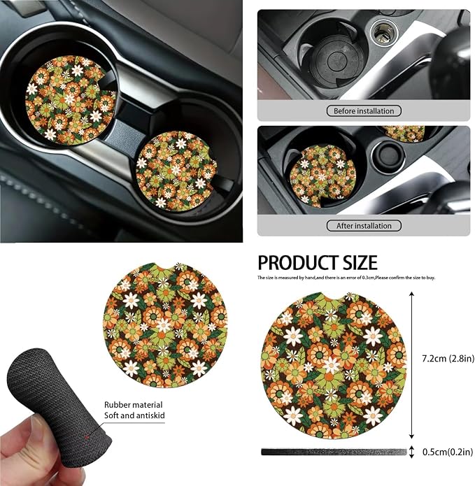 Hippie Daisy Pattern 15 Pieces Car Seat Cover Steering Wheel Cover, Seat Belt Covers Car Trash Can Cup Holders Keychain Air Vent Bag for Truck Vans Sedans