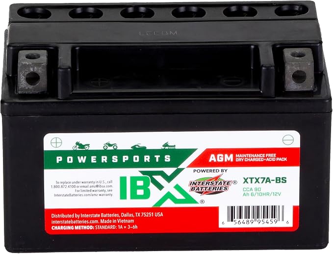 Interstate Batteries YTX7A-BS 12V 6Ah Powersports Battery 90CCA AGM Rechargeable Replacement Battery for Kasea, Aprilia, Kymco, ATVs, Motorcycles, Scooters (XTX7A-BS)