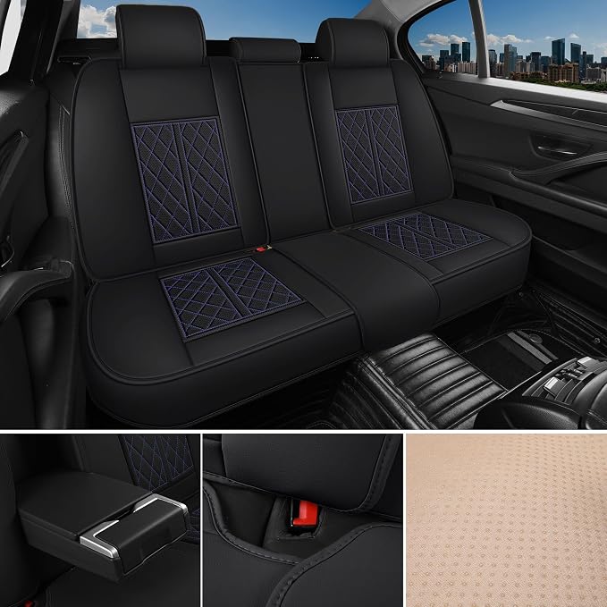 Leather Automotive Seat Covers Universal Fit for Cars, SUV, Sedans, Anti-Slip & Breathable (Black Blueline, Front Seat)