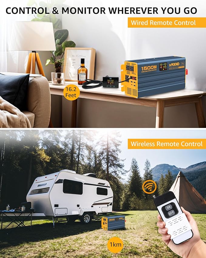 1500W/3000W(Peak) Power Inverter Pure Sine Wave DC 12V to 110V 120V AC Converter 3 AC Outlets Car Inverters with 4 USB Fast Charging Ports, LCD Display and Remote Controller for Truck RV