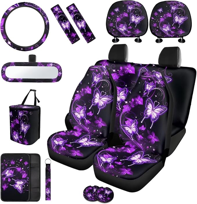 Purple Butterfly Car Seat Covers Full Sets with Front and Split Rear Bench,Butterflies Car Aaccessories Sets for Women Auto Interior Accessories with Headrest Covers,Seat Belt Shoulder Pad