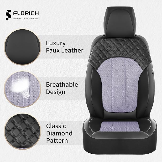 FLORICH Seat Cover Front and Rear Purple Car Seat Cover Mesh Leather Seat Covers Full Set Breathable Car Seats Cushion Protectors Spill-Proof Universal Fit for Most Car SUV Sedan Truck, Black&Purple