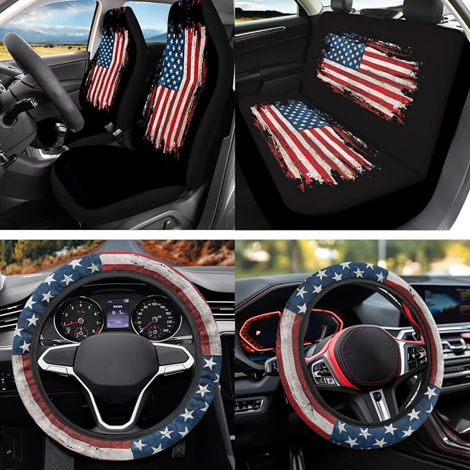 American Flag 12 Pcs Car Seat Cover Set with Auto Steering Wheel Cover Armrest Cushion Cup Coasters Protector Seat Belt Covers,Automotive Interior Sets Universal Fit Most Cars SUV