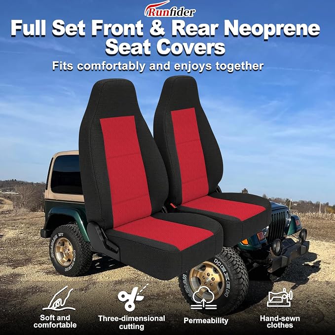Custom Seat Covers for Jeep Wrangler TJ 1997 1998 1999 2000 2001 2002 Heavy Duty Cloth Protector Interior Accessories，Waterproof & Machine Washable, Foam Padded - Red（Front）