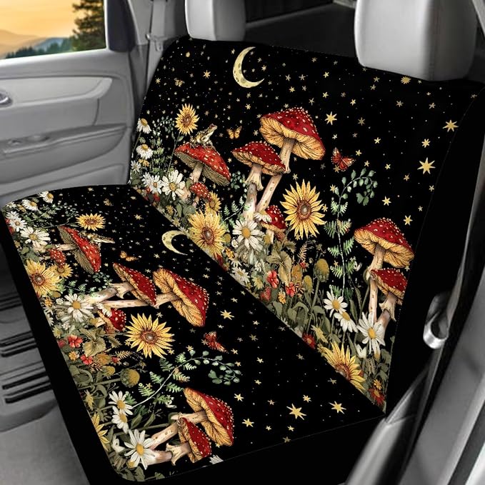 Mushrooms Car Seat Covers Full Set 17 Pack for Women Star Moon Mushrooms Car Accessories Set with Car Mats Full Set Steering Wheel Auto Covers Seat Belt Cover Pad Lip Balm Keychain Holder