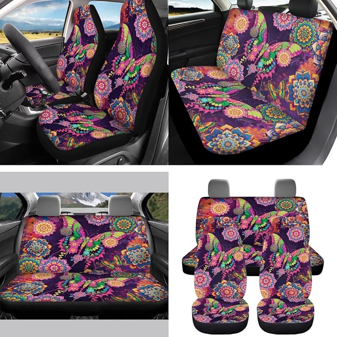 Boho Floral Butterfly Auto Interior Accessories Car Seat Covers with Auto Steering Wheel Cover Seat Belt Covers Car Trash Can View Mirror Cover Coaster Keychains