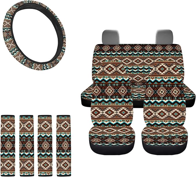 9 Pack Aztec Style Car Seat Covers Full Set, Elastic Comfy Navajo Auto Front Seats Rear Seats Cover with Steering Wheel Cover Seat Belt Pads Universal for SUV Cars Truck, Brown