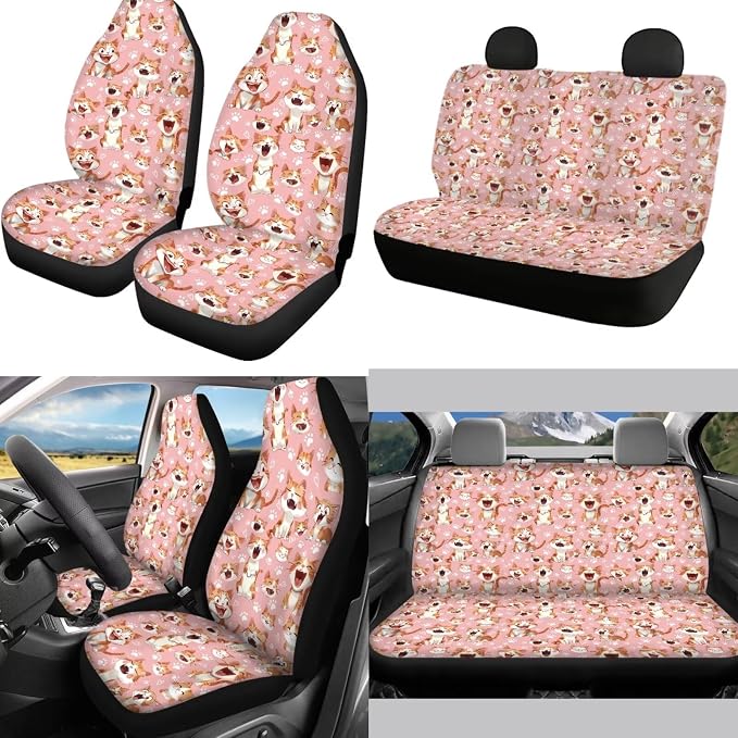 Mumeson Cute Cats Womens Car Accessories Decor Set Car Seat Covers Set with Steering Wheel Cover/Seat Belt Shoulder Pads/Armrest Cushion for Car Auto Interior Decor