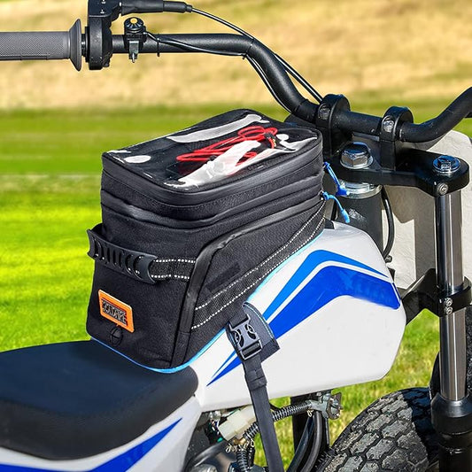 Goldfire Motorcycle Tank Bag Storage Bags Expandable ADV Gas Oil Fuel Tank Saddle Bag with Strong Strap Mount Water Resistant (Blue Piping)