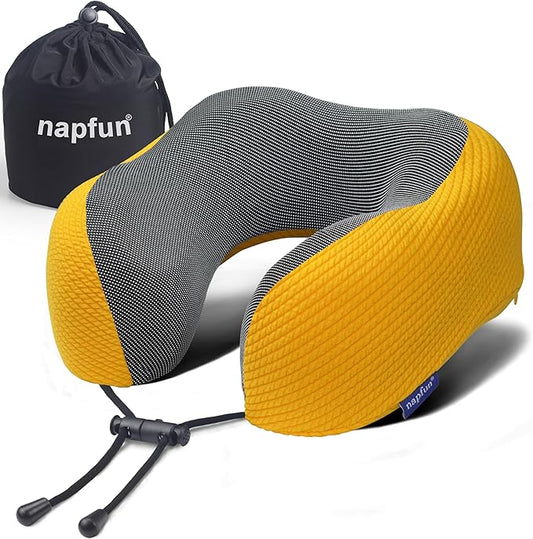napfun Neck Pillow for Traveling, Upgraded Travel Neck Pillow for Airplane 100% Pure Memory Foam Travel Pillow for Flight Headrest Sleep, Portable Plane Accessories, Yellow