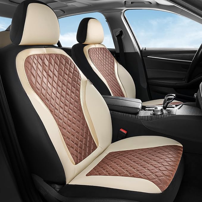 Coverado Car Seat Covers Full Set, Beige Brown Car Seat Covers, Luxury Diamond Leather Car Seat Cover with Carbon Fiber Weave, Spill-Proof Seat Cushions, Automotive Seat Cover Universal Fit Most Cars