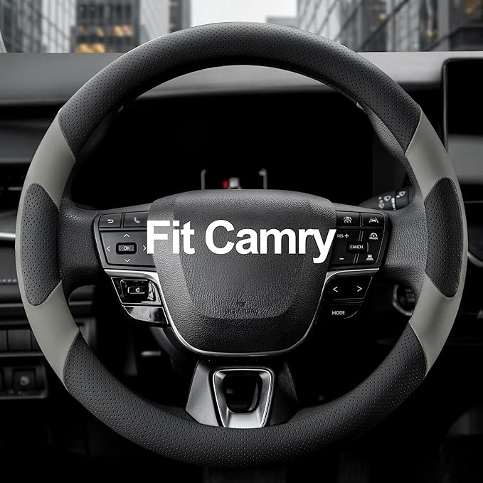 West Llama Customized Auto Car Steering Wheel Cover for Toyota Camry 2006-2026, Microfiber Leather, Anti-Slip, 14.5-15inch, Black + Grey