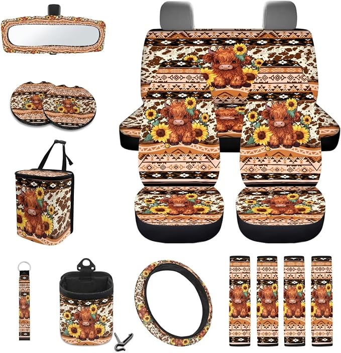 Aztec Tribal Geometric Highland Cow Sunflower Print Car Seat Covers Full Set, Steering Wheel Pad, Car Trash Can, Air Outlet Storage Bag, Seat Belt Pads, Car Coaster, Keychain, Set of 15