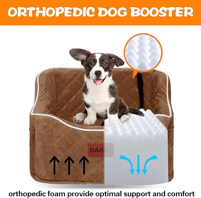 Dog Car Seat for Small Medium Dogs, Detachable Washable Dogs Booster Seat Under 35lbs, Elevated Dog Car Bed with Storage Pockets (Khaki, One Size)