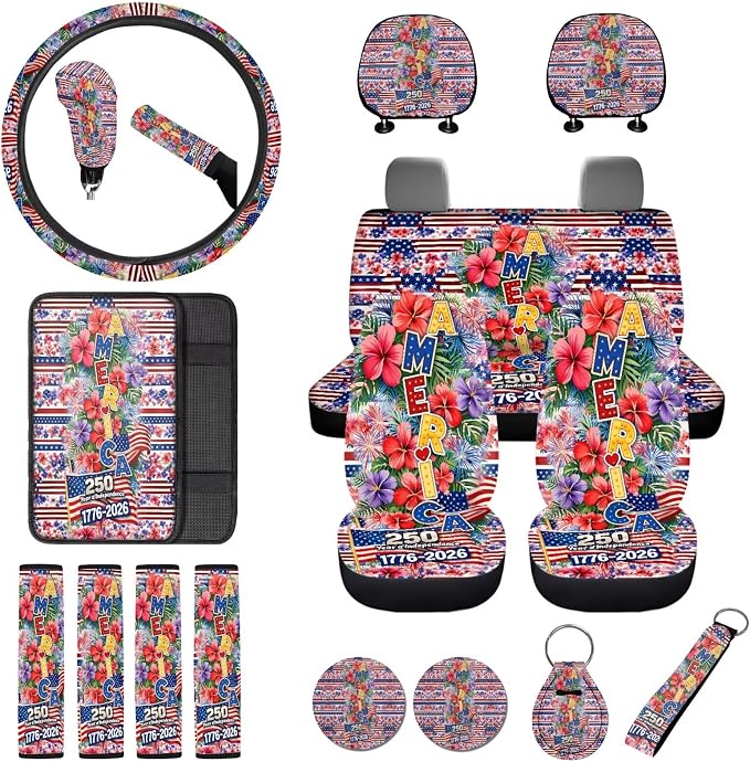 Hibiscus Print Car Seat Covers Set of 18 American Flag Print Car Front Rear Seat Covers with Steering Wheel Cover Safety Belt Pad Armrest Cushion 250 Years Interior Decor for Cars