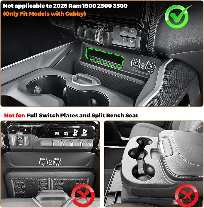 Center Console Cubby Organizer Fit for 2019-2026 Dodge Ram 1500 2500 3500 Insert Drawer Box Accessories Cubby Organizer Box ABS Plastic (3PCS)