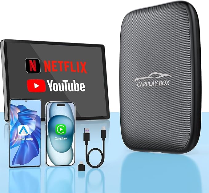 2026 New Wireless CarPlay Adapter Support Netflix/YouTube/TF, 5-in-1 Android Auto & Carplay Adapter with USB-A and USB-C Cables,Convert Wired to Wireless Apple Dongle, Video Box Car Play for iOS 10+