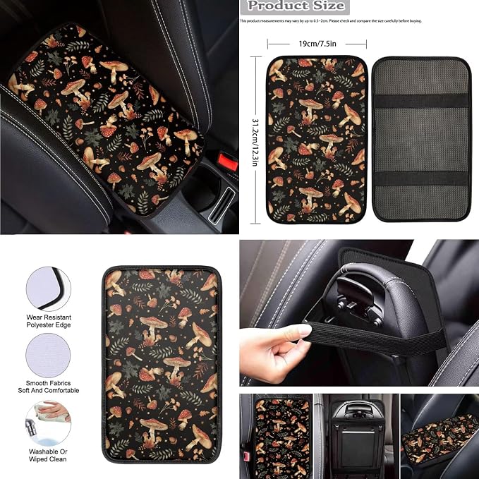 8 Pcs Forest Mushroom Car Seat Covers Full Set Car Accessories for Women Front Seat Cover Steering Wheel Armrest Cover Seat Belt Cover for Auto SUV Interior Decoration