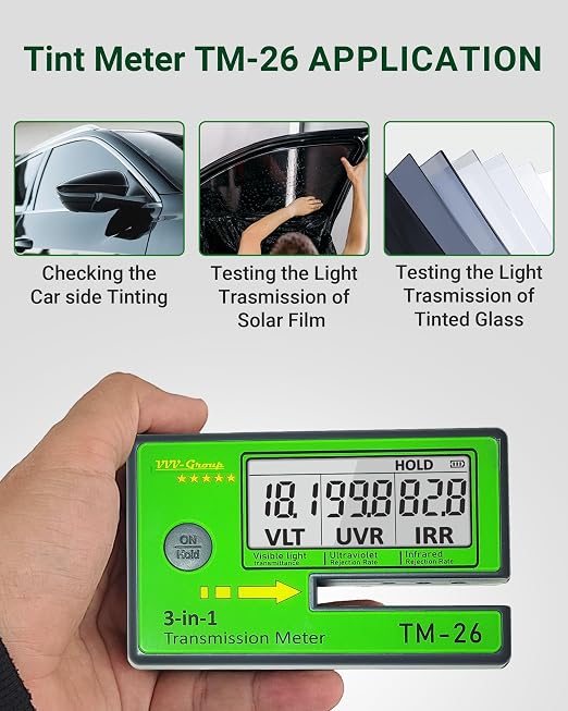 Digital Window Tint Meter TM-26 – Automotive VLT Tester with UVR & IRR Measurement, 8mm Slot Light Transmittance Meter for Car Side Windows and Solar Film Inspection (TM-26 with PU case)