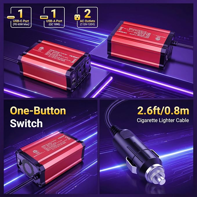 【2026 Upgraded】 300W Car Power Inverter - vansoet DC 12V to 110V AC(2 Outlets) Power Inverters with PD65W & QC18W Fast Charging Port - Car Charger Cigarette Lighter Adapter for Laptop/Phone/Road Trip