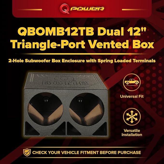 QPower QBOMB12TB-DUAL Dual 12-Inch Triangle Ported Subwoofer Box Enclosure with Durable Bed Liner Spray for Car Audio Systems