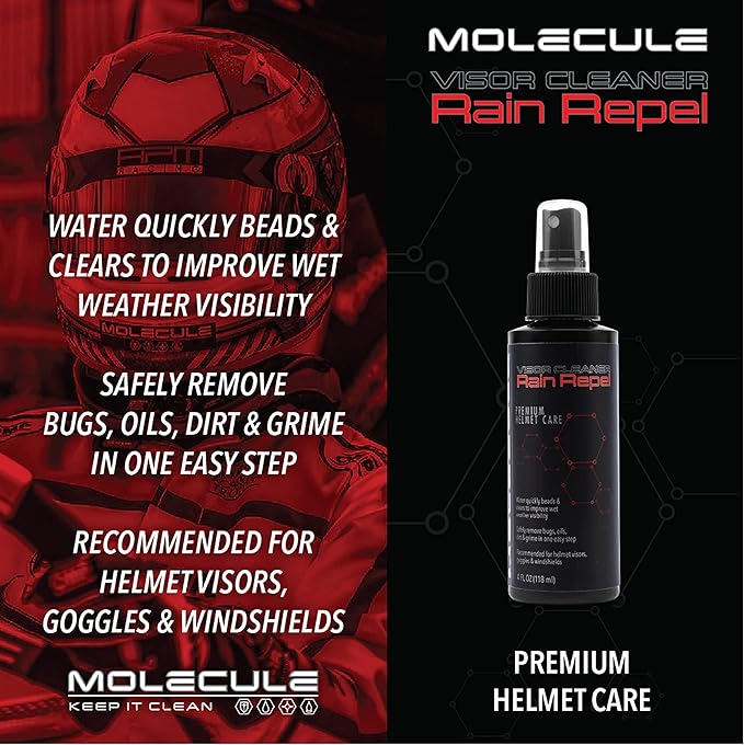 Molecule Helmet Care Kit | Premium Helmet Care | Includes Anti-Fog, Cleaner Polish, Helmet Refresh, and Rain Repel | Cleans and Details Helmets, Visors, and Goggles | 4 Ounces (1 Kit)