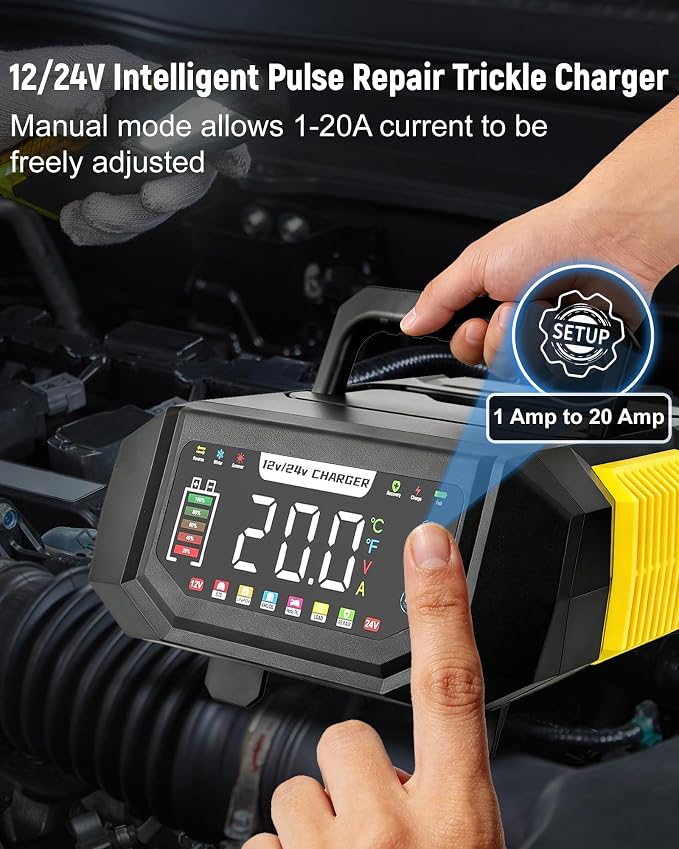 1-20A Smart Battery Charger, 12V/24V Automatic Automotive Battery Maintainer & Desulfator with Temperature Compensation, Adjustable Amp Trickle Charger for Lead-Acid, AGM, Gel, LiFePO4