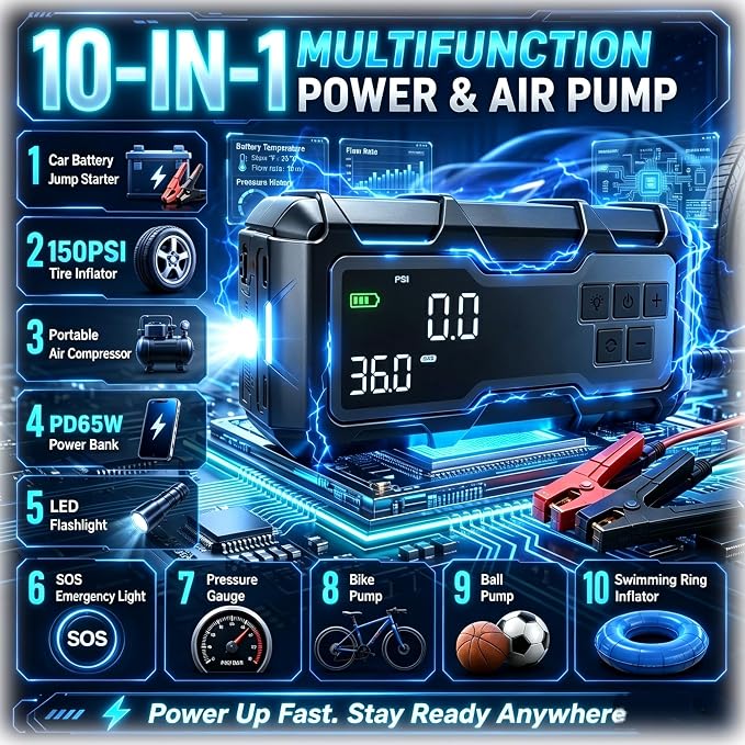 9000A Jump Starter with Air Compressor 10-1 Portable Tire Inflator German Fast-Charging Power Bank Car Diesel Battery Booster for Car Owners Camping, Road Trips, Family Safety & Gift