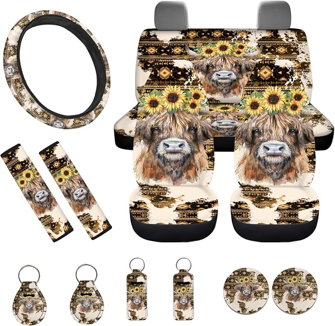 INSTANTARTS Ethnic Highland Cow Sunflower 13 Piece Car Seat Cover Set Car Front Rear Seat Covers + Lipstick Sleeve + Keychain + Seat Belt Pads + Steering Wheel Cover Car Accessories