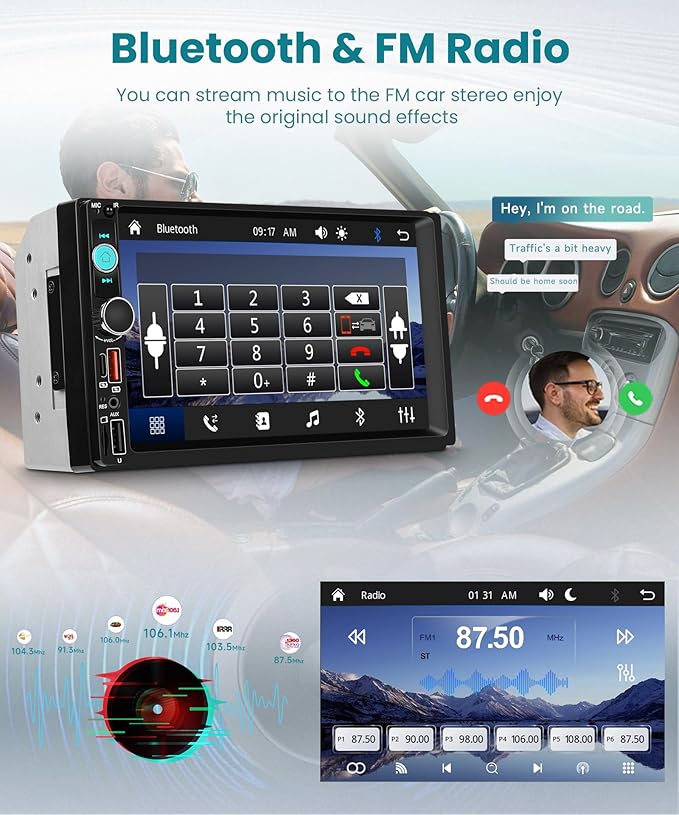 Double Din Car Stereo with Wireless CarPlay/Android Auto, 7 Inch IPS Touch Screen Radio, Bluetooth 5.2, FM Radio,Double Din Head Unit with Online Video EQ USB/Type-C/TF Card/Aux Ports Backup Camera