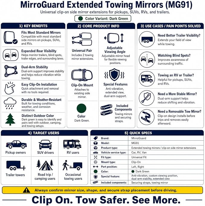 MG91 Dual-Arm Towing Mirrors for Trucks, SUVs, RVs & Trailers | Military Green finish with two securing straps and a rubber strap to help reduce vibration and keep mirrors steady.
