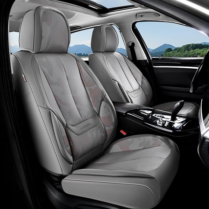 Coverado Seat Covers, Car Seat Covers Full Set, Leather Seat Covers for Cars, Car Seat Protector, Gray Car Seat Covers Front Seats and Back Seats Universal Fit for Most Cars Camo