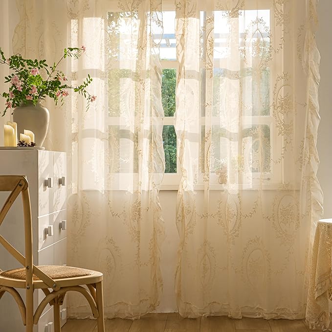 Sutuo Home Beige Lace Curtains Set of 2, Sheer Panels 63 Inch Length Rose Floral Embroidery Vintage Voile Window Treatment Pair for Bedroom Living Room, Shabby Chic Decor Rod Pocket, W57 x L63