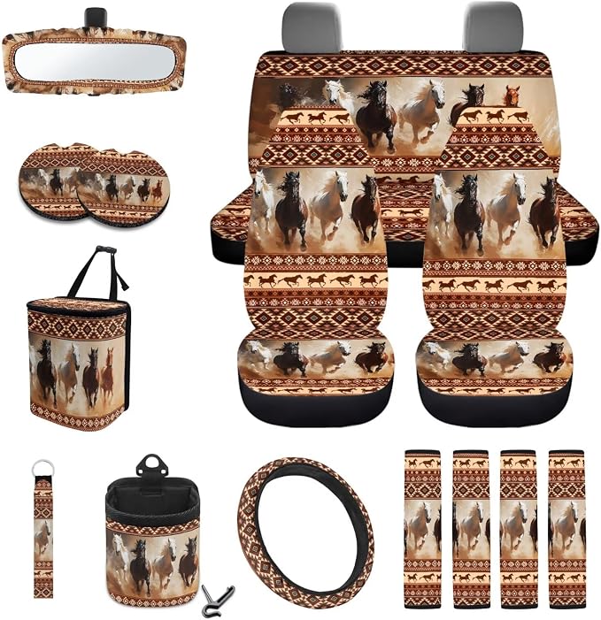 Aztec Horse Printed Car Seat Cover Full Set 15 Pcs with Steering Wheel Cover Seat Belt Pads Cup Coasters Trash Bag Air Vent Case Rearview Mirror Cover Keychain Auto Accessories