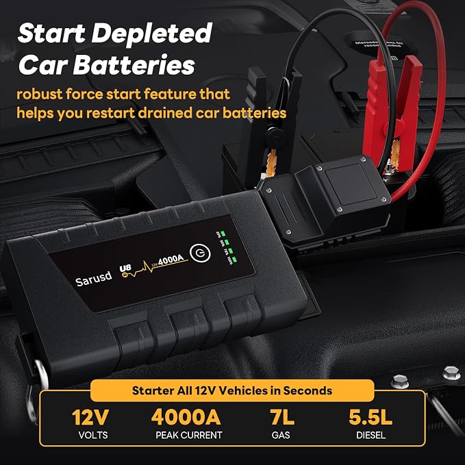Car Jump Starter 4000A Car Battery Booster Jump Starter Up to 7L Gas/5.5L Diesel 12V Auto Battery Pack Portable Jump Starter Box with Jumper Cables, IP67 Waterproof, USB Cable & LED Light (U8)