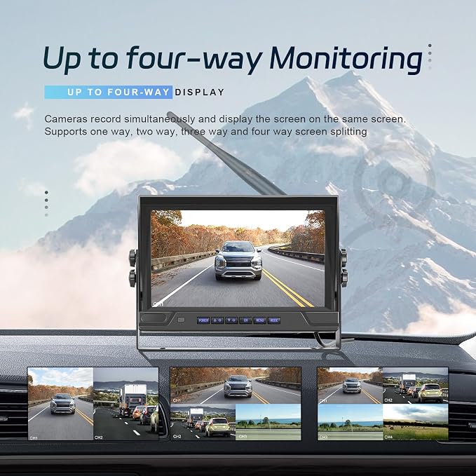 9 Inch Wireless Backup Camera for Truck with 2 Rear View Camera System for Cars, 4 Channels Split Screen, BSD Alert, Night Vision, IP68K Waterproof, for Truck, Pickup, Trailer, Cars Parking Safety