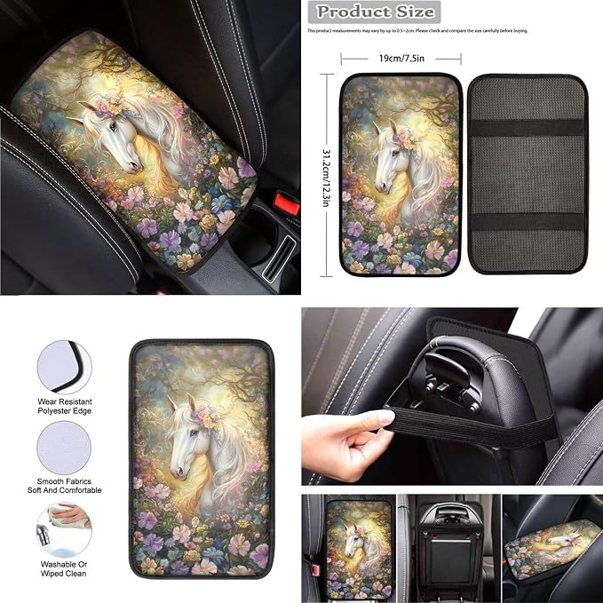 Beautiful White Horse Car Interior Accessories Set for Women, Car Seat Cover Full Set with Automotive Steering Wheel Cover Auto Center Console Pad Seat Belt Pads