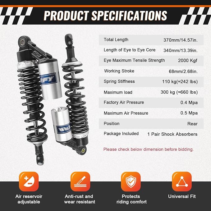 13.4" 340mm Universal Motorcycle Rear Shock Absorbers Suspension for HONDA, for Yamaha, for Suzuki, for Kawasaki ATV Go Kart Quad Dirt Sport Bikes,Black Silver
