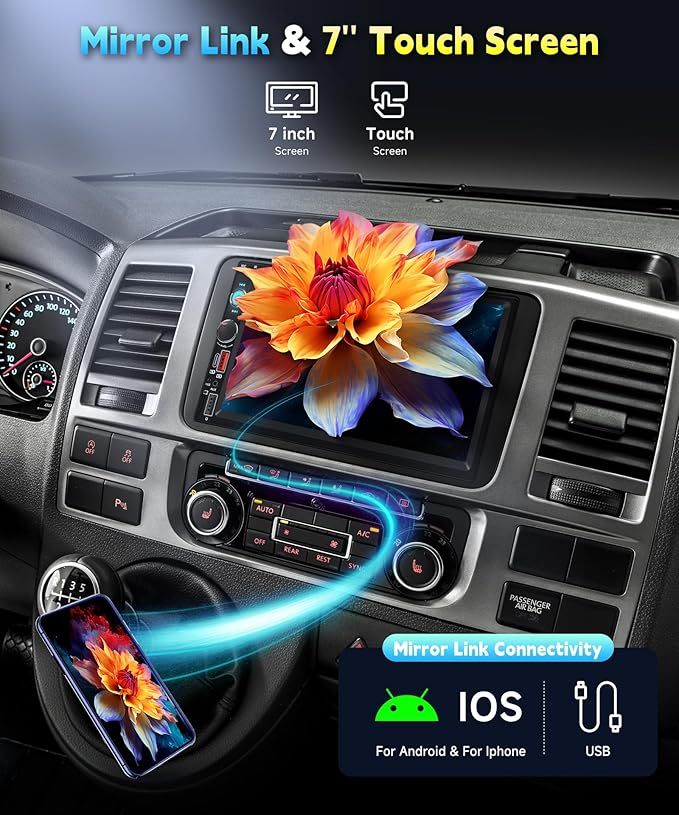 Car Stereo Double Din Radio, 7 inch Touch Screen Radio Car Audio Receivers, 2 Din Bluetooth Stereo, Mirror Link, FM EQ SWC USB Backup Camera Type-C Fast Charging