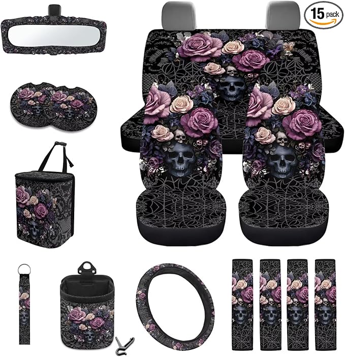 Skull Rose Print Car Seat Covers Full Set with Accessories for Women, Decorative Auto Accessories Include Steering Wheel Cover Safety Belt Pads Rearview Mirror Cover Cup Mats