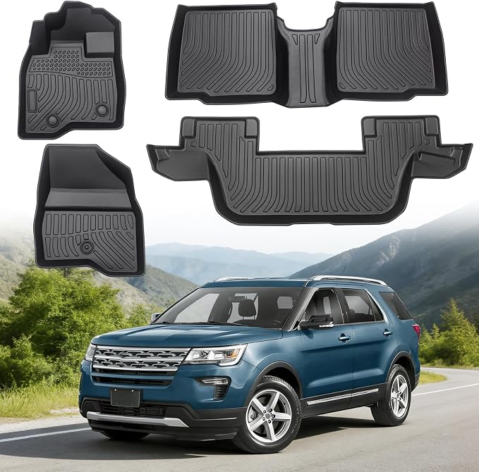 Floor Mats for Ford Explorer 2015-2019 7-Seat Bench & 6-Seat Bucket, Custom Fit Heavy Duty TPE All Weather Protection, Waterproof Non-Slip Black Car Liners for Front & Rear (Three-Row Floor Mats)