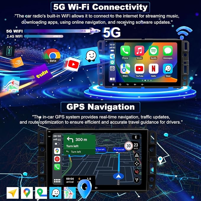 5GWiFi Car Radio for Chevrolet Silverado 1500 GMC Sierra 1500 2007-2013, Yukon Tahoe 2007-2014, Acadia 2007-2012, Savana Equinox 8inch Touch Screen Stereo, Carplay Android Auto GPS Camera