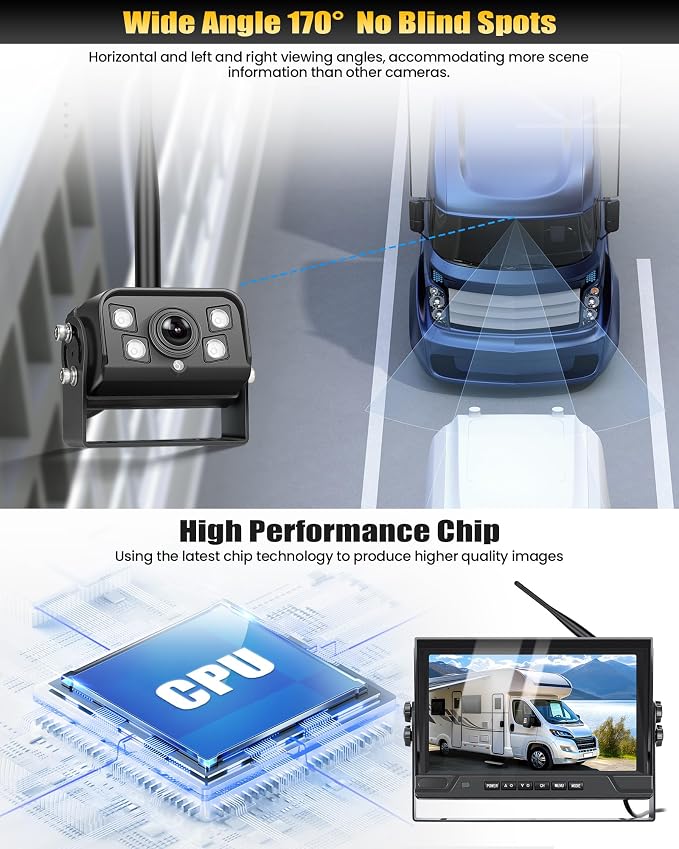 9 Inch Wireless Backup Camera System with BSD, DVR Recording, 4-Channel Support, HD Digital Signal, IP68 Waterproof, IR Night Vision, 12-24V Camera fit for Car Truck RV Trailer