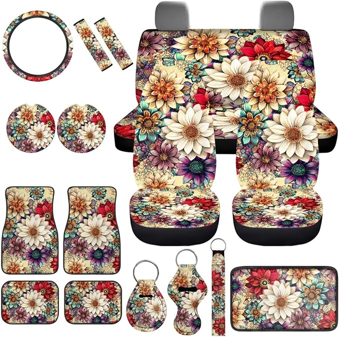 Hippie Lotus Car Seat Covers Full Sets with Front and Split Rear Bench Steering Wheel Cover Car Floor Mats Set of 4 Mandala Lotus Car Accessories Set 17 Pcs Universal Fit for Most Car SUV