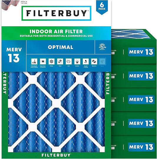 Filterbuy 25x29x4 Air Filter MERV 13 Optimal Smoke & Allergy Defense (6-Pack), Electrostatic Pleated HVAC AC Furnace Filters Replacement (Actual Size: 24.38 x 28.38 x 3.63)
