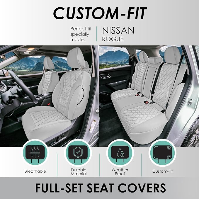 FH Group Custom-Fit Car Seat Covers Specifically Made for 2021-2026 Nissan Rogue, Full Set Solid Beige Ultraflex Neoprene Waterproof Automotive Seat Cover